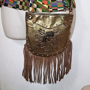 Disney Descendants 3 Crossbody bag metallic gold logo fringe faux suede HG10